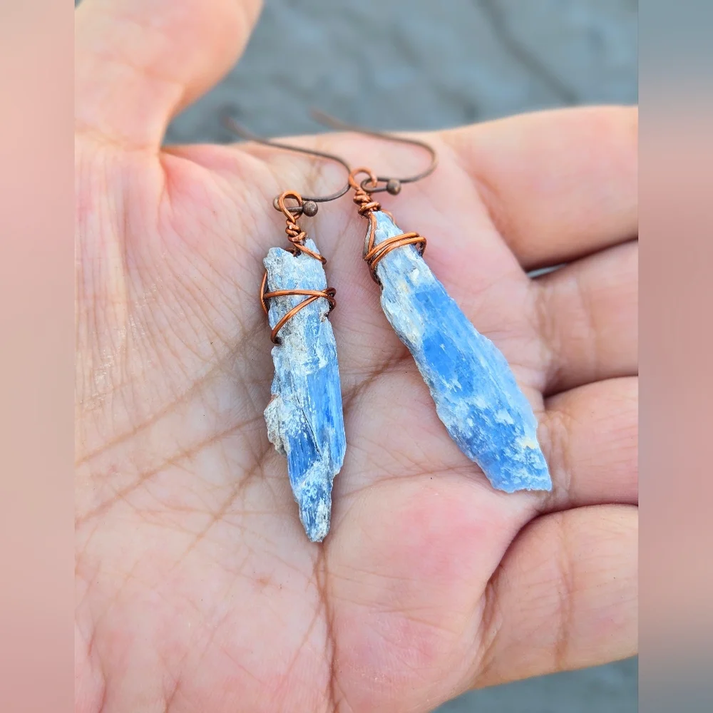 Natural Raw Blue Kyanite Blades Wrapped In Copper In Neolithic Style Earrings